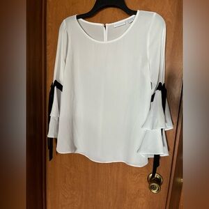 New York and Co White Women's Top with Black Bow Accents XS Coquette